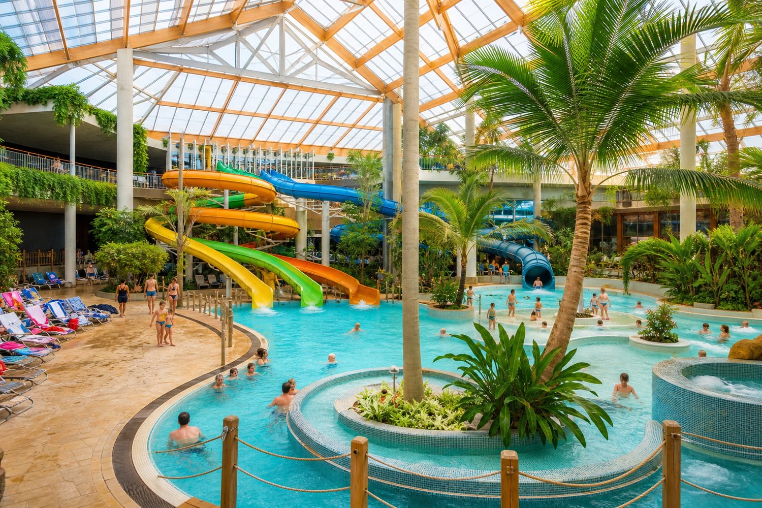 Indoor aquapark pools and water slides for a Druskininkai family stay
