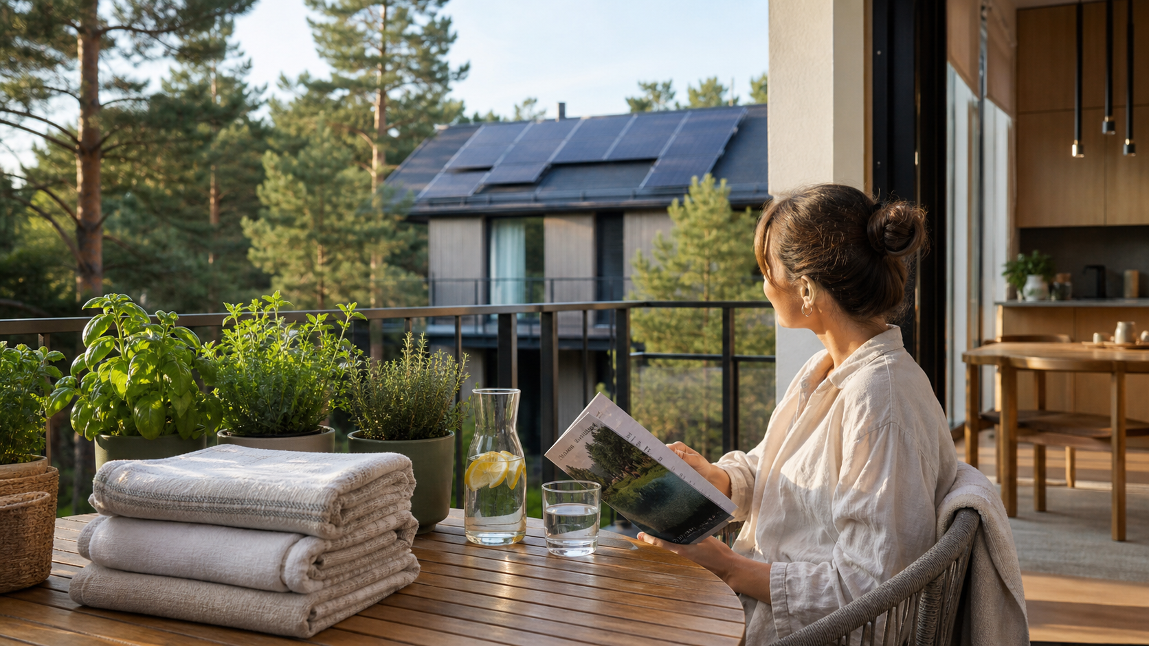 Eco-conscious apartment stay with linen towels, herbs and solar energy
