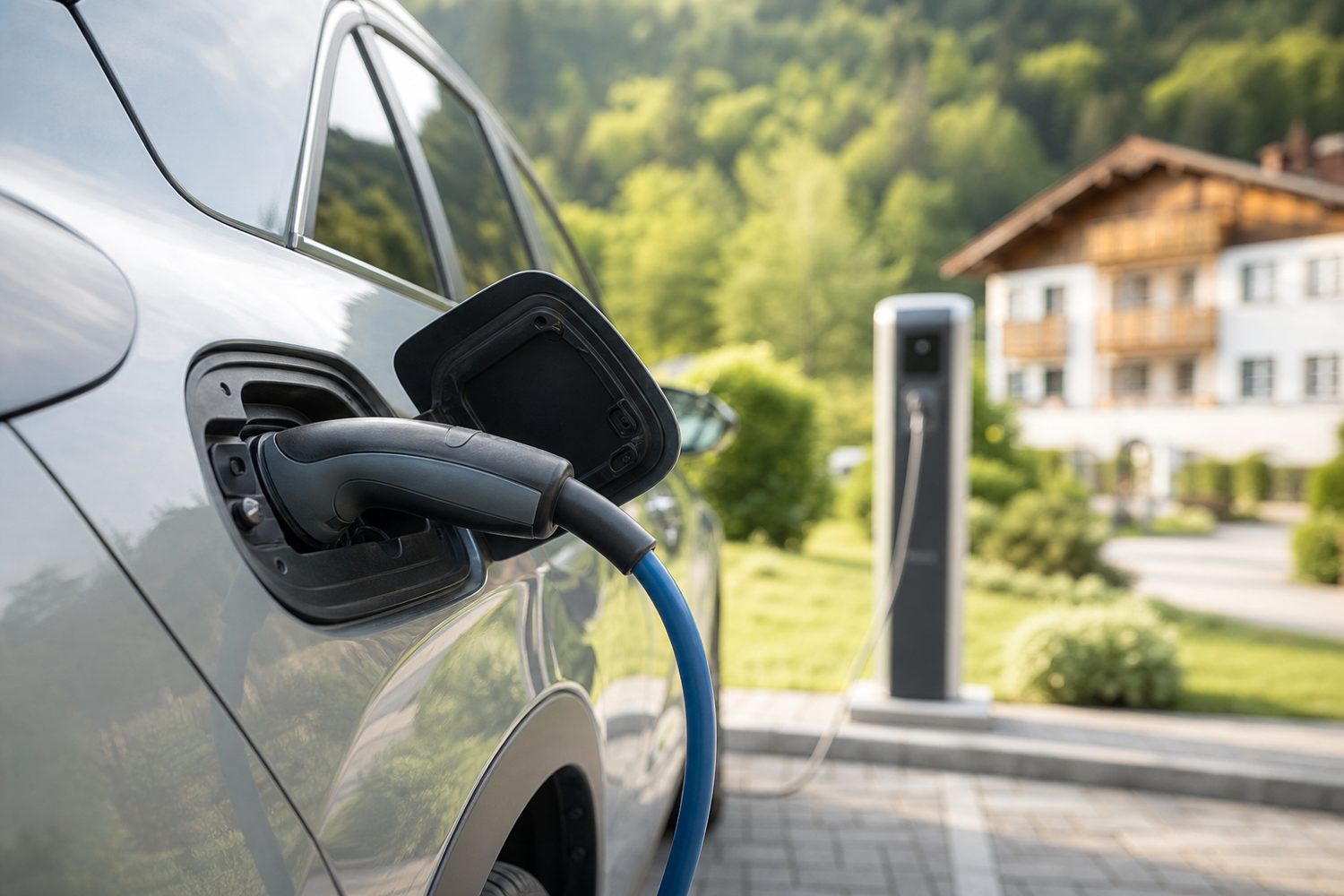 Close-up of an EV charging plug connected to a car during a Druskininkai stay