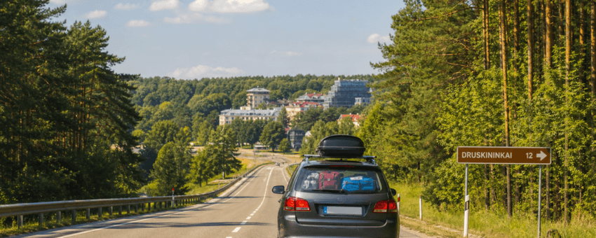 Photo-style image of travel from Poland to Druskininkai by car