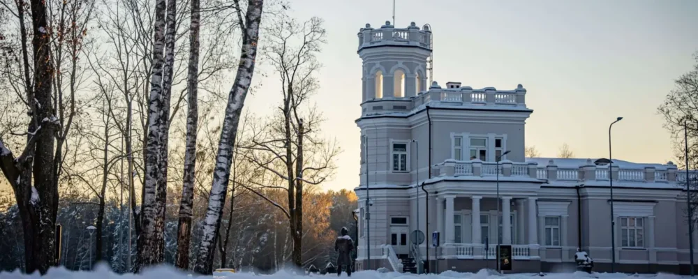 Real Druskininkai City Museum surrounded by snow in winter