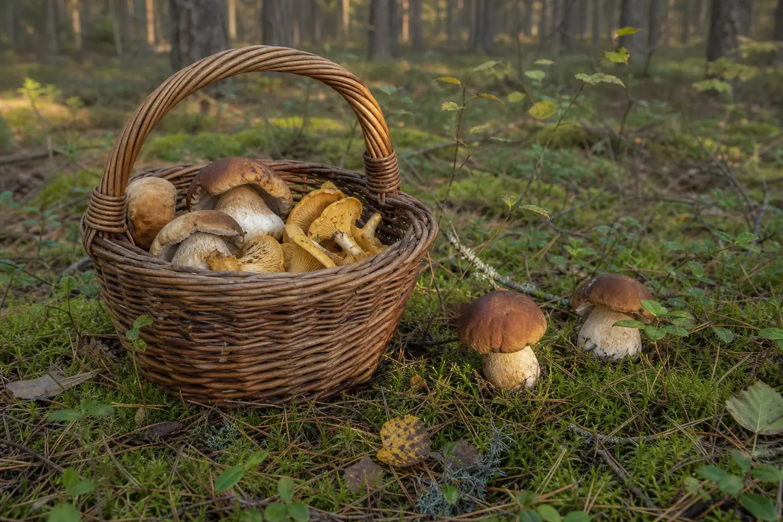 Weidenkorb mit Steinpilzen und Pfifferlingen in einem Kiefernwald von Dzūkija