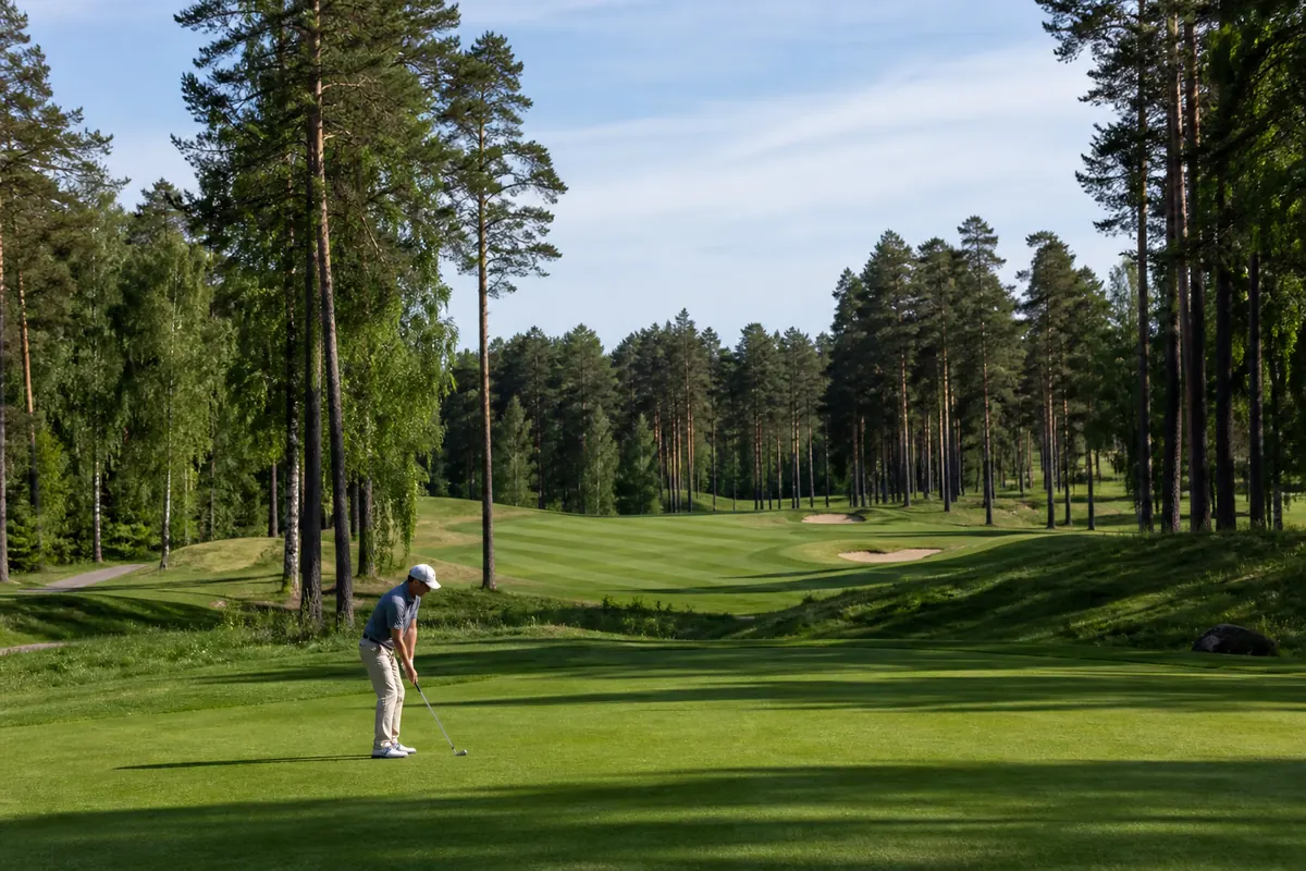 Golfer on a course surrounded by Lithuanian pine forest near Druskininkai