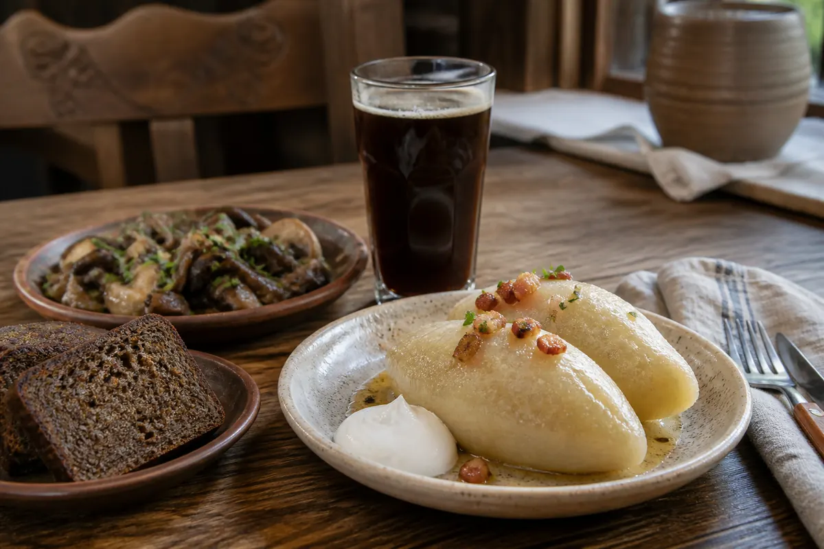 Cepelinai, Roggenbrot, Pilze und Kwas in einem litauischen Restaurant