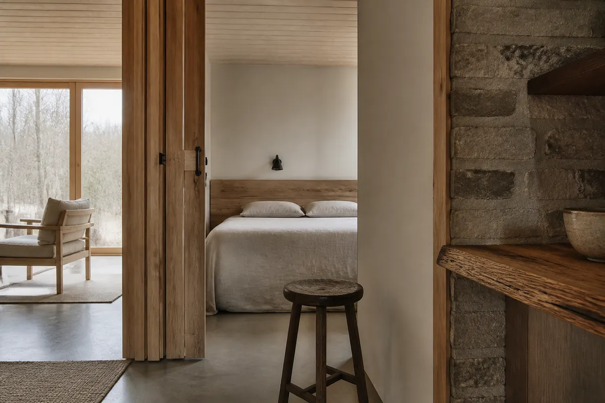 Holz, Naturstein und Leinen in einem baltischen Gästeapartment