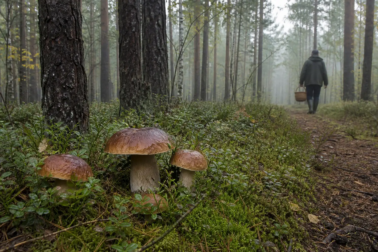 Steinpilze und eine Person mit Weidenkorb im Kiefernwald von Dzūkija nahe Druskininkai