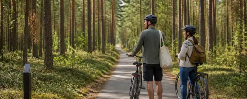 Visitors with bicycles on a pine forest path near Druskininkai