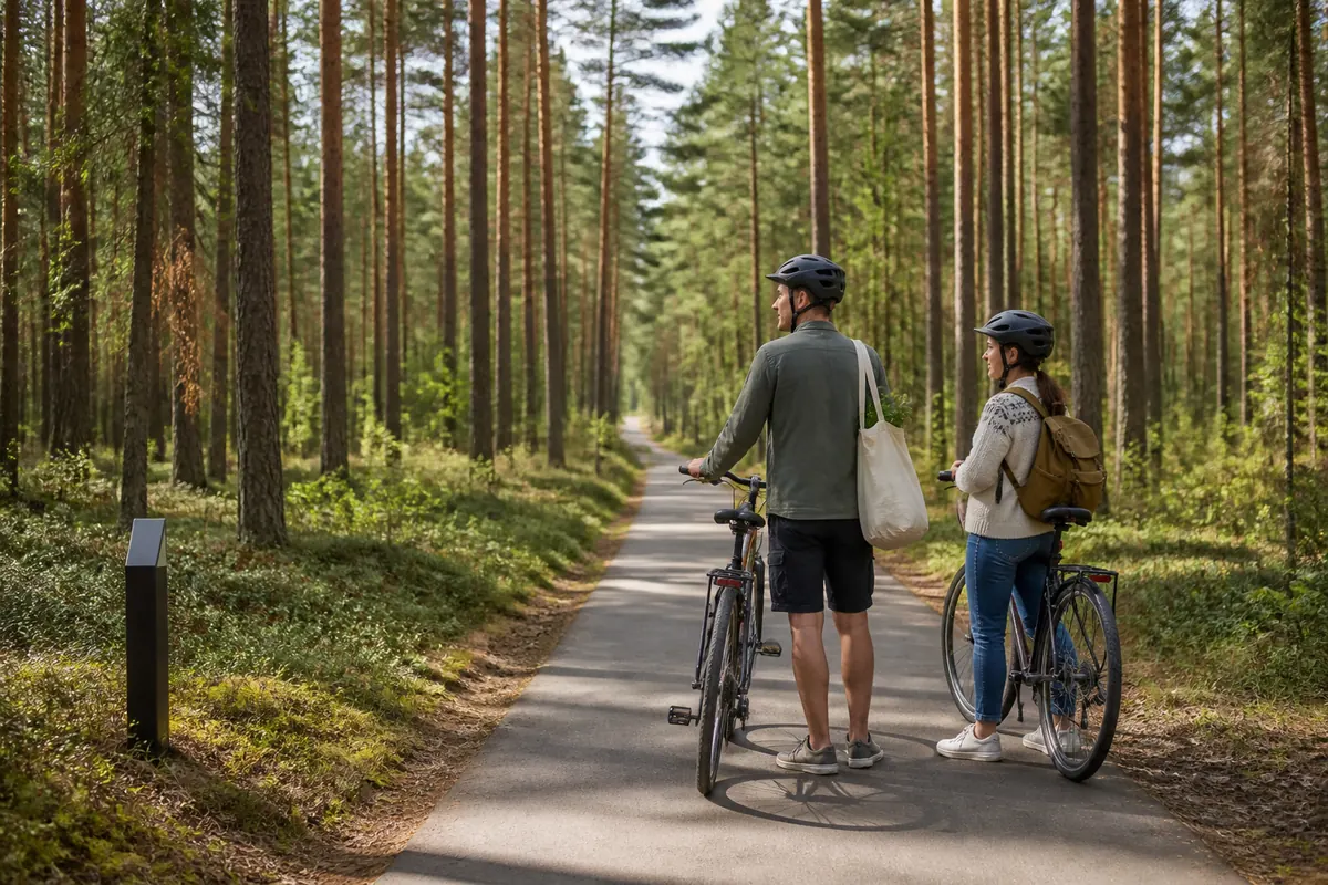 Besucher mit Fahrrädern auf einem Kiefernwaldweg nahe Druskininkai