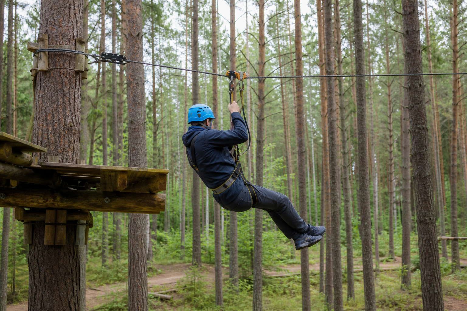 Besucher auf einer Seilrutsche in einem Kiefernwald bei Druskininkai