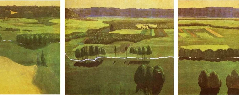 Three-panel Raigardas Valley landscape painted by M. K. Čiurlionis in 1907