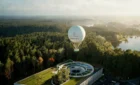 Druskininkai helium observation balloon above the new bus station and pine forest